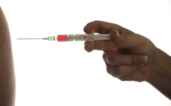 Spuit Vaccin Hand Van Dichtbij Bekijken — Stockfoto