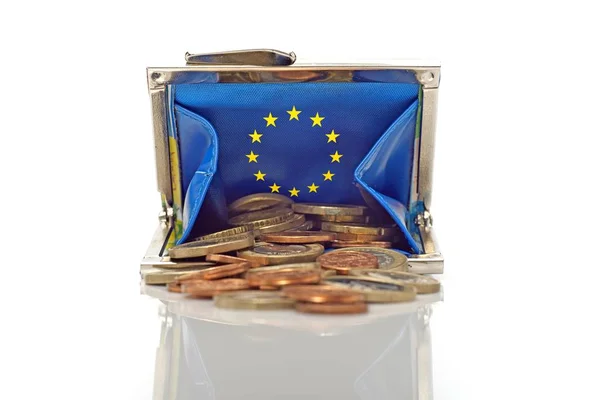 Monedas Europeas Bolso Azul Con Estrellas Del Euro — Foto de Stock