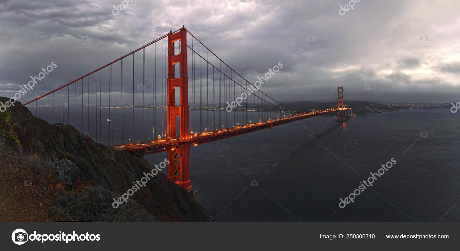 Scenic View Golden Gate Bridge Storm Clouds San Francisco California —  Stock Photo © imagebrokermicrostock #250306310, image size:1600x874