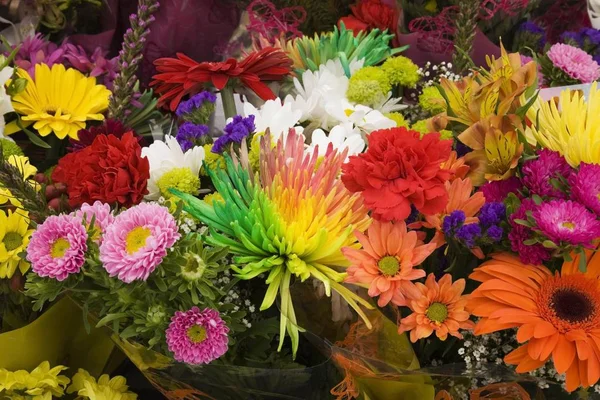 Buketter Gerbera Krysantemum Och Andra Blandade Nyklippta Blommor Till Salu — Stockfoto