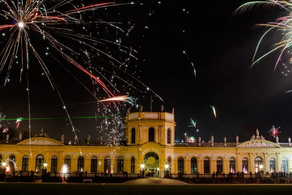 Novoroční Ohňostroj Před Orangerie Kassel Hesse Německo Evropa — Stock fotografie