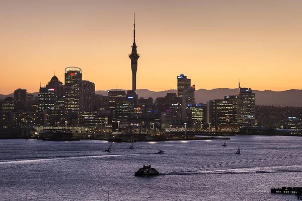 Skyline Auckland Avec Tour Ciel Crépuscule Auckland Île Nord Nouvelle — Photo