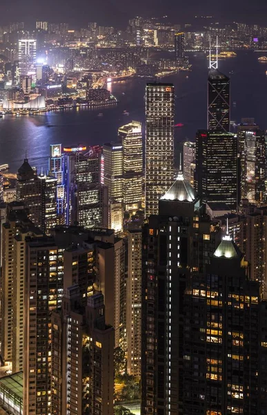 Vista Victoria Peak Attraverso Grattacieli Notte Central District Hong Kong — Foto Stock