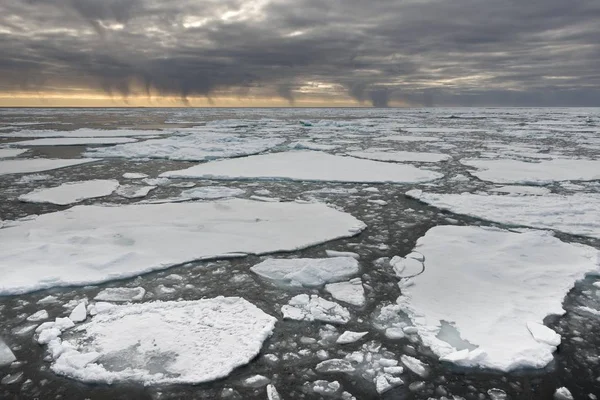 Vista Panorámica Lluvia Nieve Desde Nubes Oscuras Borde Hielo Océano —  Fotos de Stock