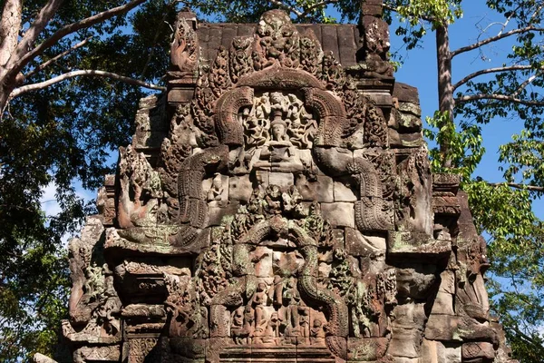 Bas Relief Bramie Wejściowej Angkor Thom Siem Reap Kambodża Azja — Zdjęcie stockowe