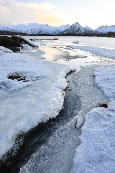 Vista Panorâmica Frozen Fjord Vatnfjorden Nordpollen Vagan Lofoten Noruega Europa — Fotografia de Stock