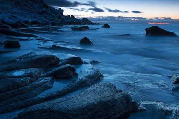 Vue Panoramique Sur Coucher Soleil Sur Fjord Uttakleiv Vestvgy Lofoten — Photo