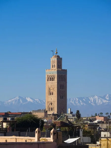 拥有Almohad时期尖塔的Koutoubia清真寺 马拉喀什最大的清真寺 从1158年起 具有历史意义的Medina 后面是阿特拉斯山脉 马拉喀什 摩洛哥马拉喀什 Tensift Haouz — 图库照片