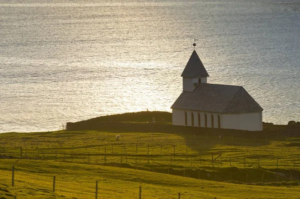 Scenic View Church Sea Viareii Vioy Faroe Islands Denmark Europe — Stock Photo, Image