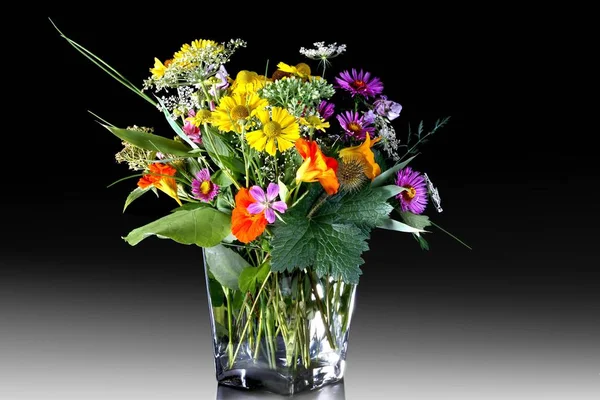 Färgglada Bukett Vilda Blommor Glasvas — Stockfoto