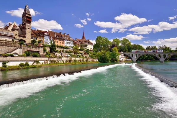 Bremgarten Rio Reuss Ponte Reussbrcke Com Ferrovia Parte Trás Bremgarten — Fotografia de Stock