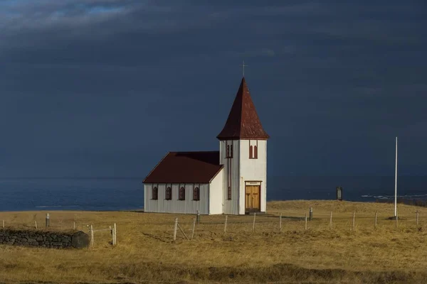 Vista Panorámica Iglesia Hellnar Snaefellsness Vesturland Islandia Europa — Foto de Stock