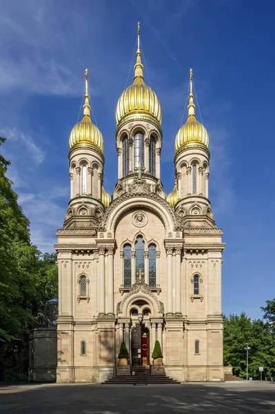 Nærbilde Den Russisk Ortodokse Kirke Nerobergbahn Wiesbaden Hessen Tyskland Europa – stockfoto