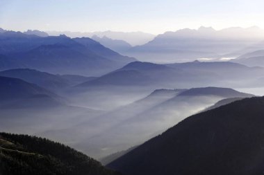 View from the Benediktenwand ridge into the Brandenberg Alps and Karwendel Alpine ridge, Lenggries, Upper Bavaria, Bavaria, Germany, Europe clipart