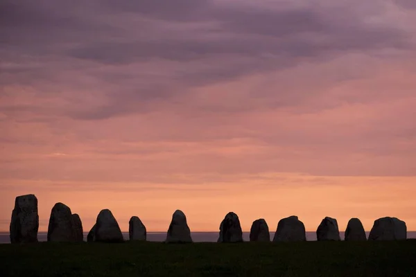 Vyhlídkový Pohled Pivo Největší Dochovaná Kamenná Loď Skandinávii Sunset Kseberga — Stock fotografie