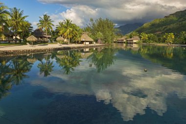 Overwater bungalows, evening atmosphere, Moorea, French Polynesia, Oceania clipart