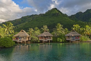 Overwater bungalows, evening atmosphere, Moorea, French Polynesia, Oceania clipart