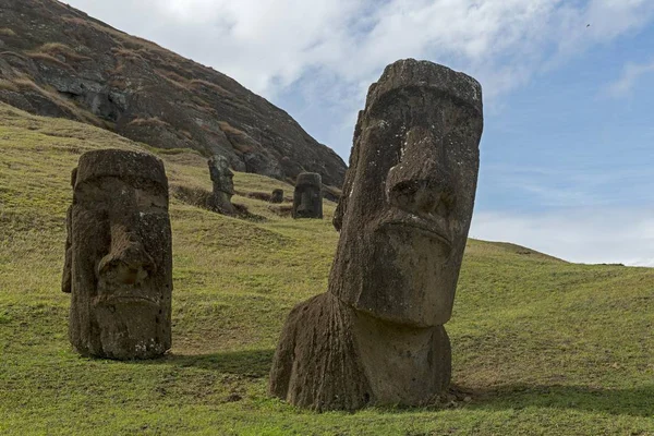 Group Moai Bodies Buried Ground Only Heads Visible Rano Raraku — 스톡 사진