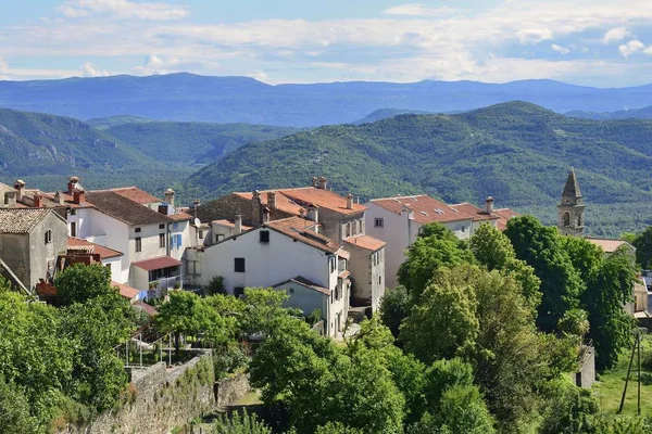 Vista Ciudad Con Iglesia Santa Margarita Motovun Montona Valle Del — Foto de Stock