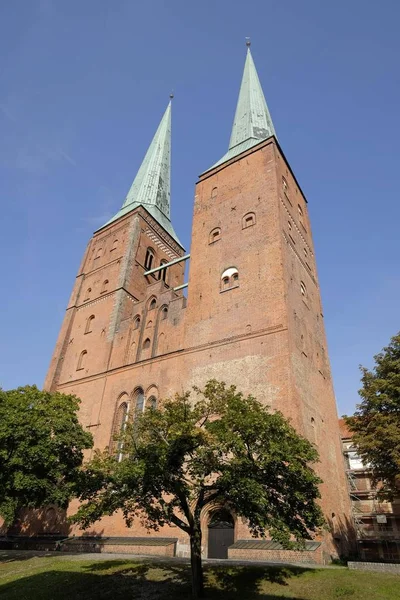 Vista Panorâmica Catedral Lubeck Lagoa Muhlenteich Lubeck Schleswig Holstein Alemanha — Fotografia de Stock