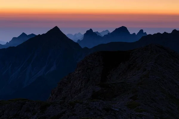 Salida Del Sol Sobre Los Picos Los Alpes Allgau Arreglo — Foto de Stock