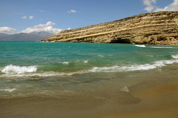 Klippor Stranden Matala Sydkust Kreta Grekland Europa — Stockfoto