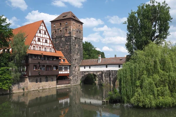 Stare Drewniane Domy Wisząca Wieża Most Norymberga Środkowa Frankonia Bawaria — Zdjęcie stockowe