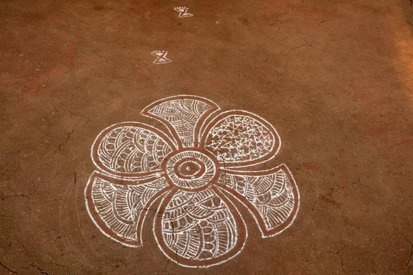 Rangoli Traditionnel Kolam Muggu Motif Décoratif Sable Coloré Sur Sol — Photo