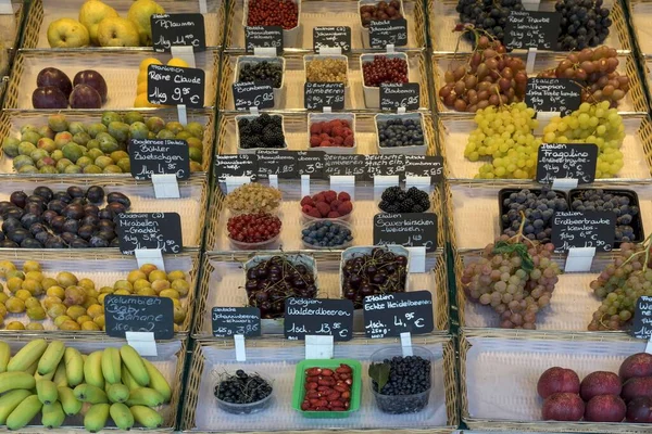 Various fruits at a fruit stand, Viktualienmarkt, Munich, Bavaria, Germany, Europe