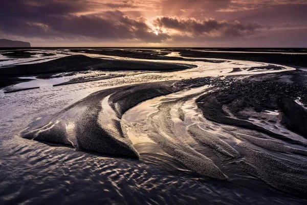 Ledová Řeka Kafljt Odrážející Vodou Při Západu Slunce Vik Jižní — Stock fotografie