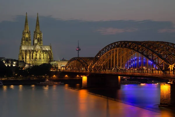 Cologne Dusk Cathedral Philharmonic Hall Colonius Hohenzollern Bridge Rhine Cologne — Stock Photo, Image