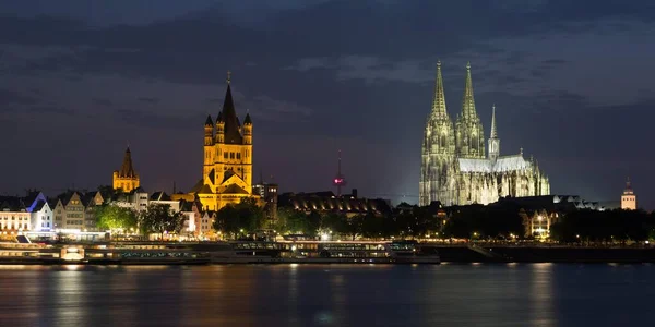 Stadtpanorama Cologne Night Cathedral Philharmonic Great Martin Church Town Hall — Stock Photo, Image