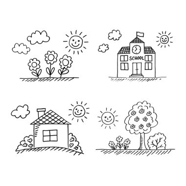 Beyaz arka plan üzerine siyah çizimler