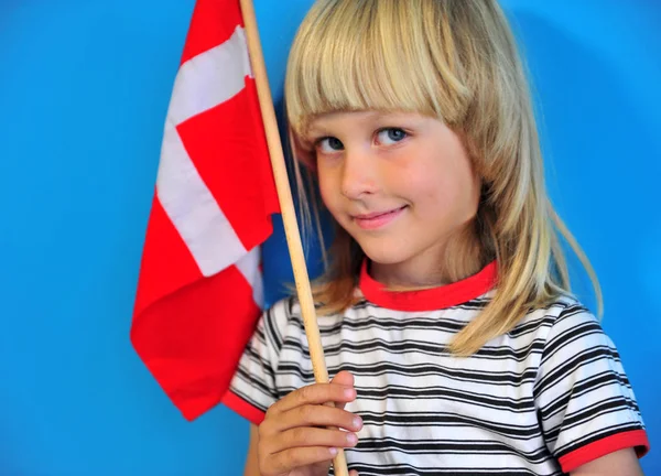Glückliches Blondes Kind Mit Einer Dänischen Nationalflagge — Stockfoto