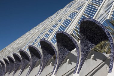 Valencia, İspanya - 25 Ocak 2018: Sanat ve bilim, Valencia, İspanya şehrin giriş. Duvarlarda mor azulejos vardır. Azulejos seramik tileworks vardır.