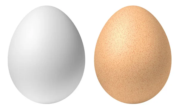 在白色背景下分离的鸡 白鸡蛋和褐色鸡蛋 复活节假期模板 健康食品 东方符号 3D插图 — 图库照片