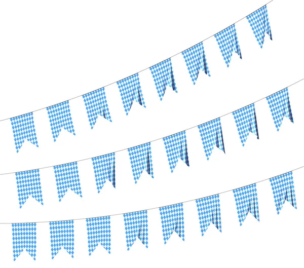 バイエルン州のオクトーバーフェストのガーランドバンティングのパーティーフラグは 青白のチェック柄の青いチェック柄の青い旗をチェックし 伝統的なオクトーバーフェストの装飾を隔離し 3Dイラスト — ストック写真