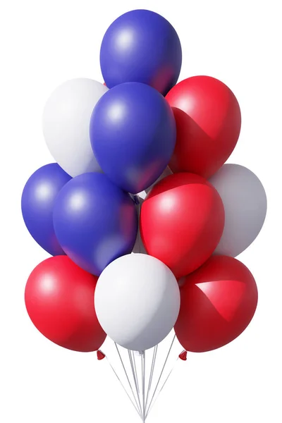 七月四日用传统的蓝色 红色和白色的气球 白色的缎带隔离着爱国气球 美利坚合众国独立日庆祝节日装饰 3D插图 — 图库照片