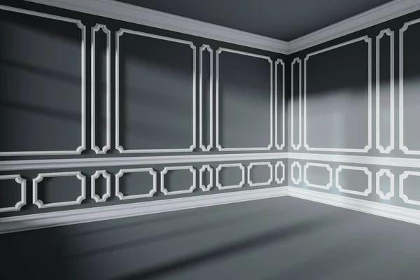 壁に白い装飾古典的なスタイルの成形フレームと 窓からの日光と黒の空の部屋のインテリアでコーナー フラット天井 床とベースボード 3Dイラスト — ストック写真