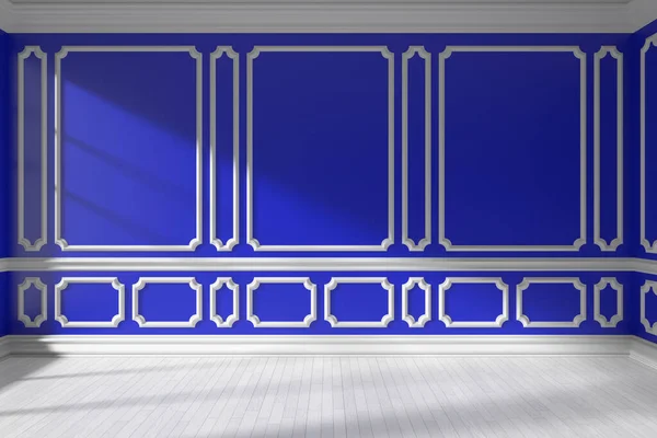 蓝色空房间内部 窗户阳光普照 墙壁上装饰典雅的造型框架 白色木地板和白色底板 3D插图 — 图库照片