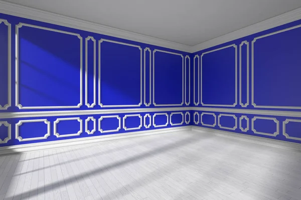 Modrá Prázdná Místnost Interiér Slunečním Světlem Okna Dekorativní Klasický Styl — Stock fotografie
