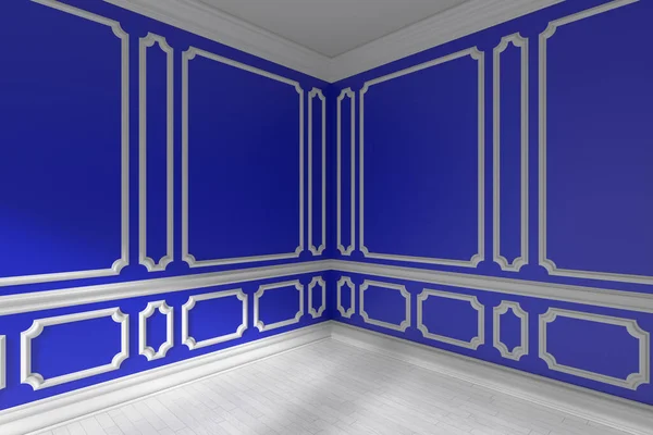 蓝色空房间内角 窗户阳光充足 墙壁上装饰经典造型框架 白色木地板和白色底板贴面 3D插图 — 图库照片
