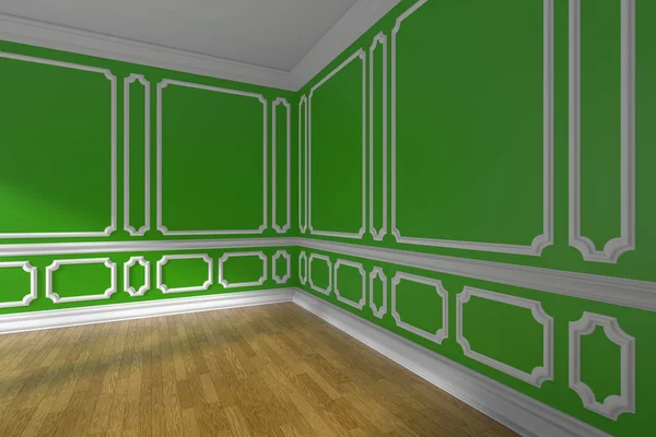 空旷的绿色房间角落 室内有阳光 墙壁上有白色装饰经典造型 木地板和白色底板 3D插图 — 图库照片