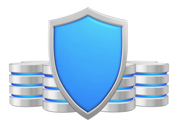 Databases Group Blue Metal Shield Protected Unauthorized Access Data Protection — Stock Photo, Image