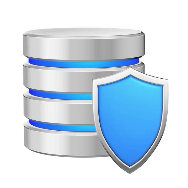 有蓝色金属护盾的数据库 防止未经授权的访问 数据保护概念 为数据保护日在白色背景上隔离的3D图标 — 图库照片