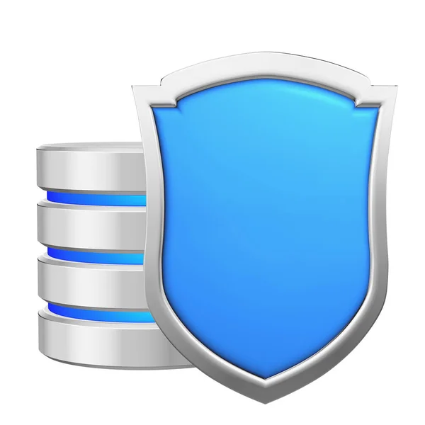 不正アクセスから保護された青い金属シールド データプライバシーの概念 データ保護日のための白い背景に隔離された3Dイラストアイコンの後ろのデータベース — ストック写真