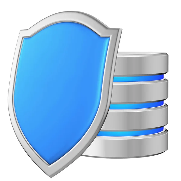 左边蓝色金属护盾后面的数据库 以防止未经授权的访问 数据保护概念 为数据保护日在白色背景上隔离的3D图标 — 图库照片