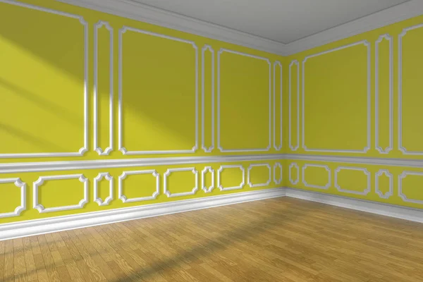 空旷的黄色房间内部 窗户透出阳光 墙体造型典雅 木地板和白色底板 3D插图 — 图库照片