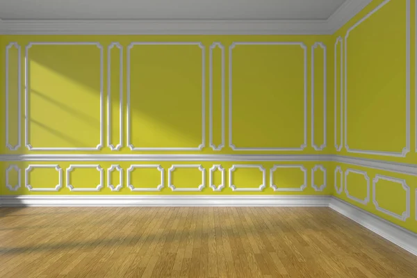 黄色的空房间 窗户阳光普照 墙壁上装饰典雅的造型 木制木地板和白色底板 3D插图 — 图库照片
