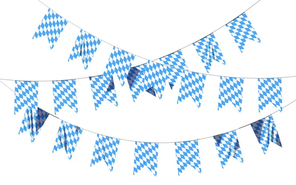 巴伐利亚政党旗帜花环蓝旗蓝白格子图案的格子花束 传统的巴伐利亚奥托伯斯特节装饰孤立在白色背景 3D插图 — 图库照片